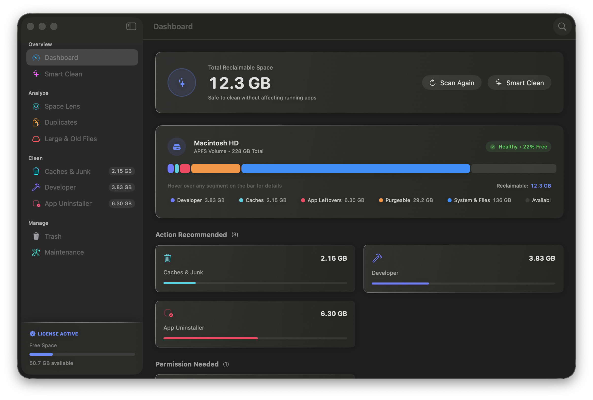 DiskCompanion Live Dashboard showing 12.3 GB of reclaimable space and storage capacity on Macintosh HD