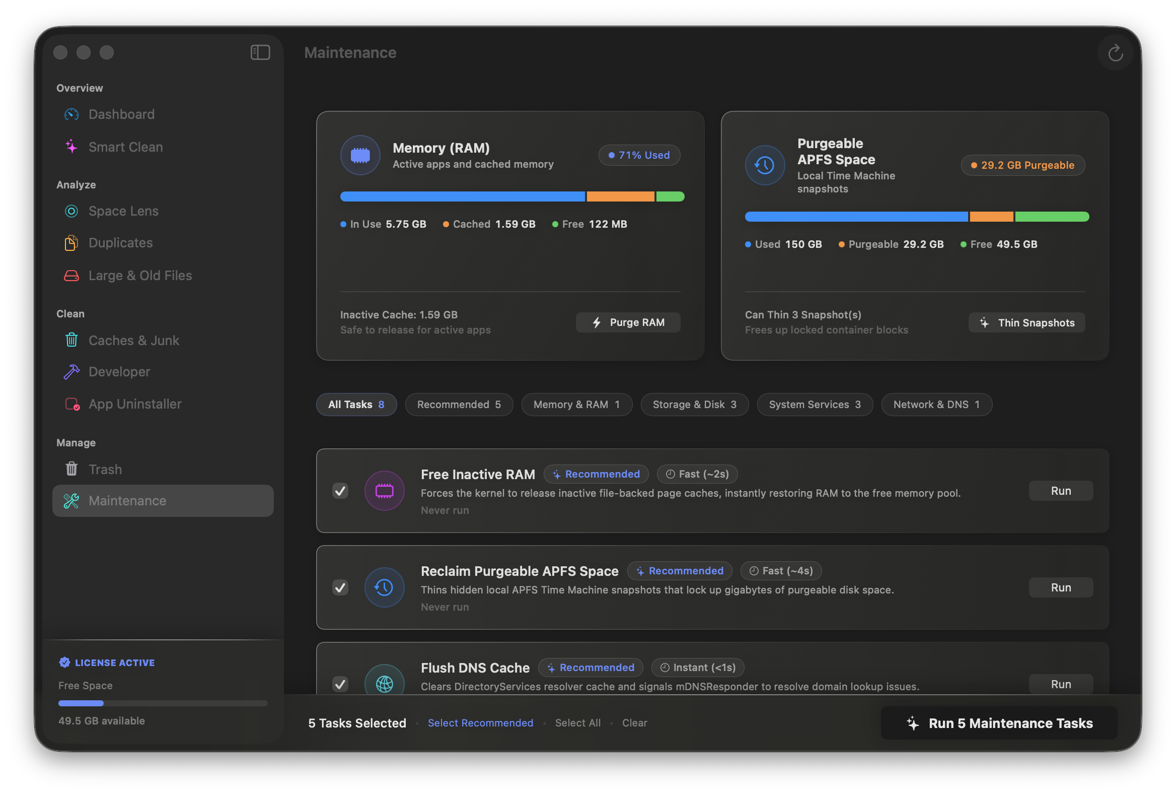 System Maintenance panel with one-click RAM release and storage cache optimizer