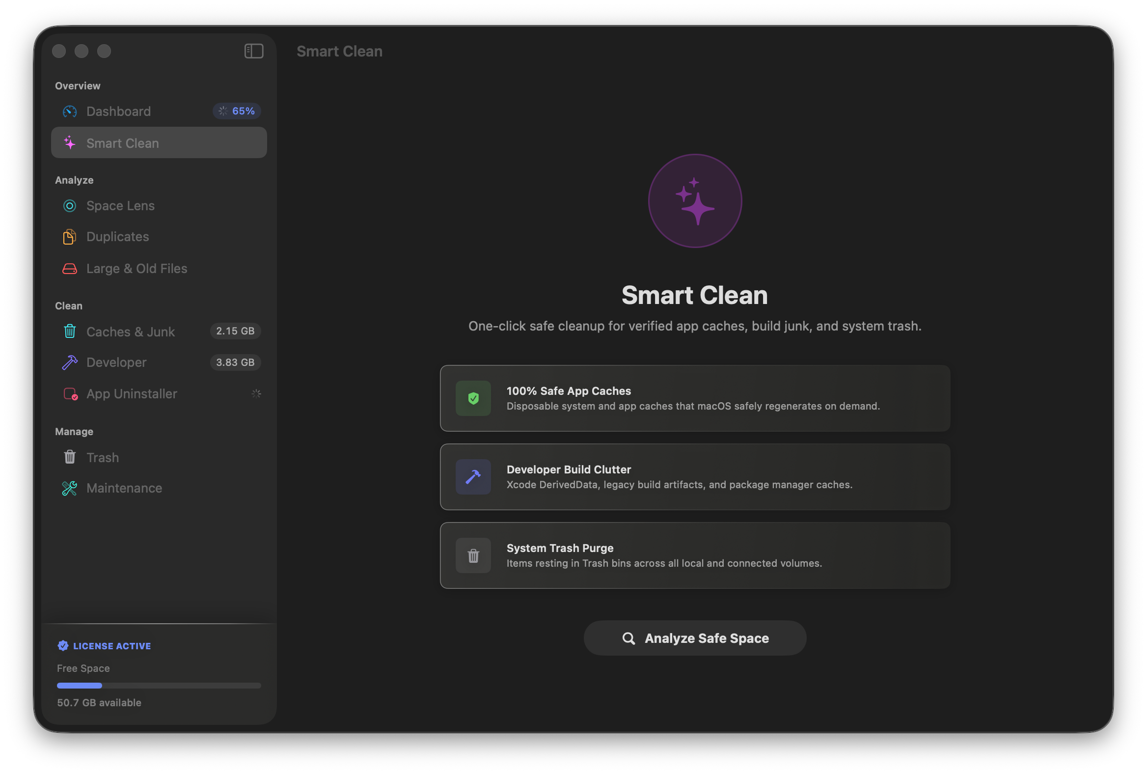 Smart Clean one-click safe cleanup panel for caches and temporary leftovers